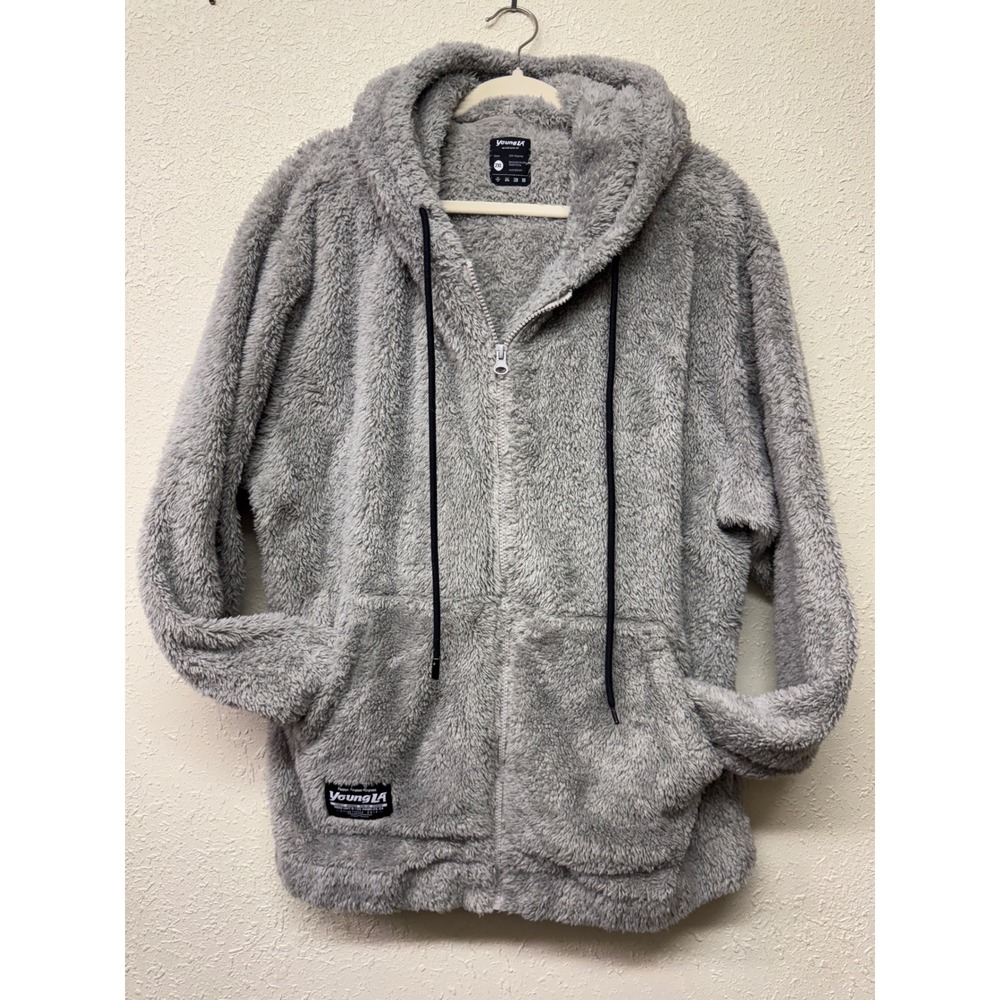 YoungLA Mens 2XL Gray Sherpa Fleece Full Zip Hoodie Oversized Cozy Jacket